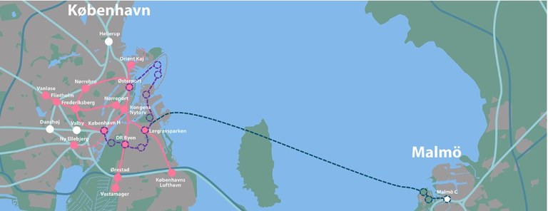 Källa: Malmö stad/ÖresundsmetronNy karta över Öresund. Den streckade linjen markerar Öresundsmetron sträckning.